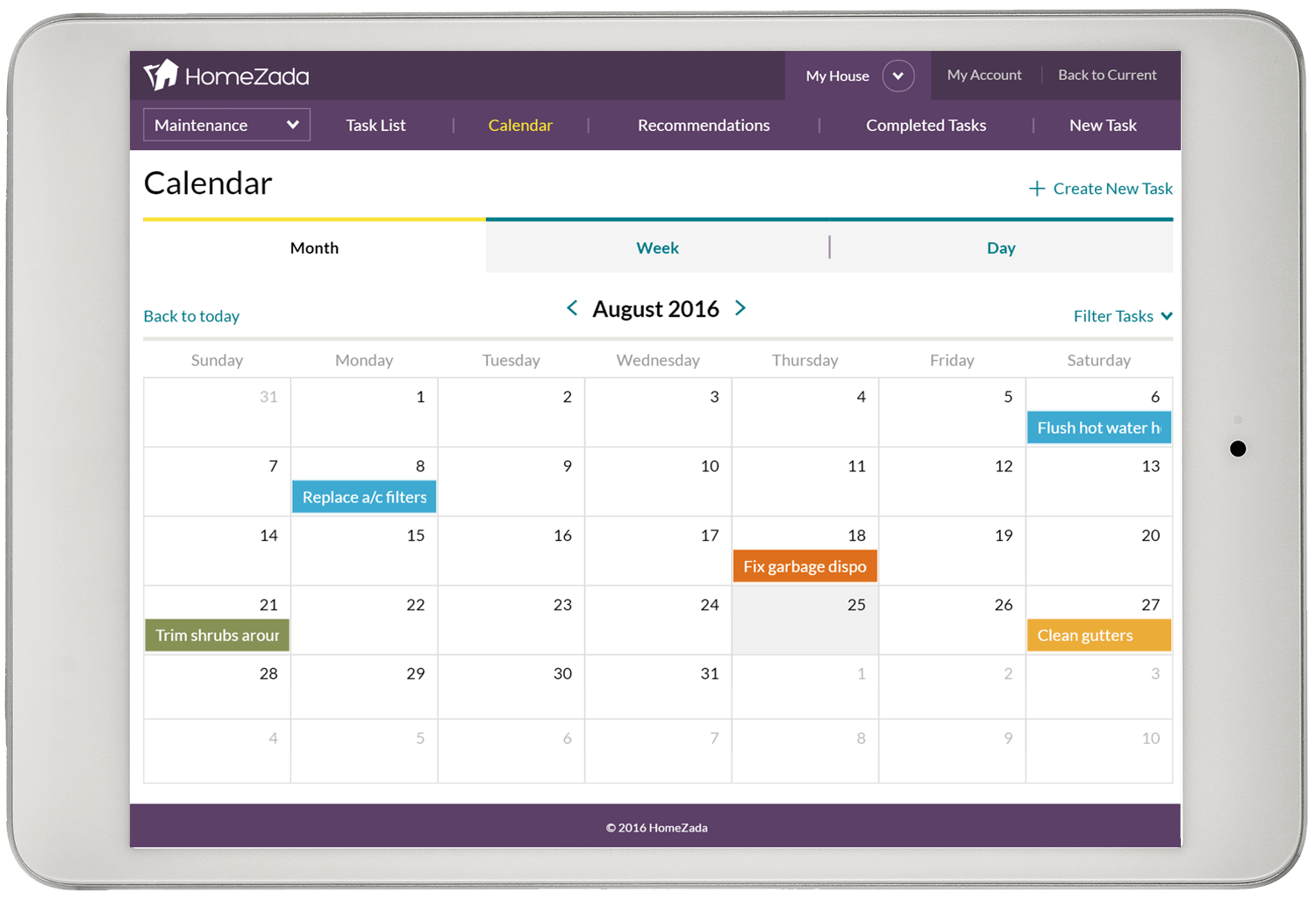 HomeZada Home Maintenance Calendar Tablet
