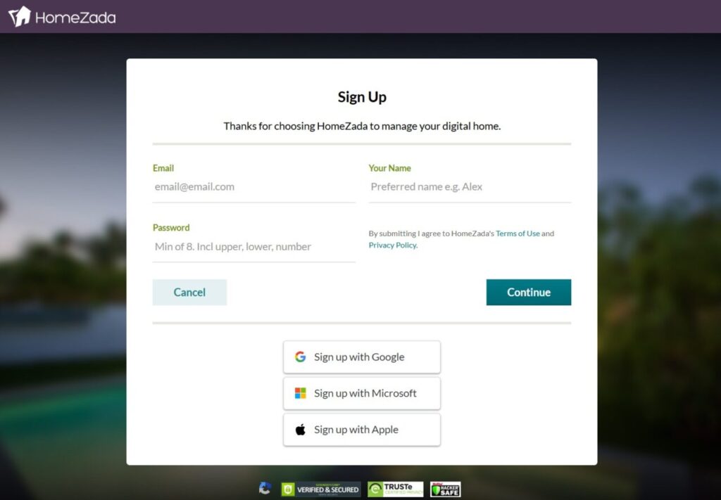 HomeZada Social Sign-Up